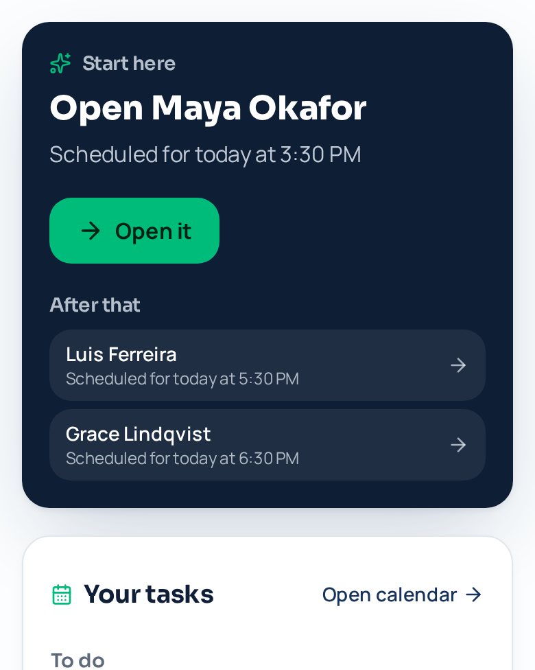 RichRep Today screen with a navy Start here card naming who to call first, and the day's goals.